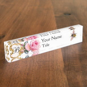 ELEGANT FLORAL, PINK ROSE AND HONEY BEE MONOGRAM NAMEPLATE