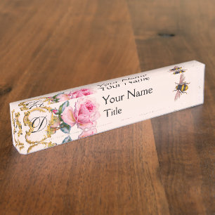 ELEGANT FLORAL, PINK ROSE AND HONEY BEE  MONOGRAM NAMEPLATE