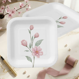 Elegant Floral Pink Sage Spring Garden Wedding Paper Plate