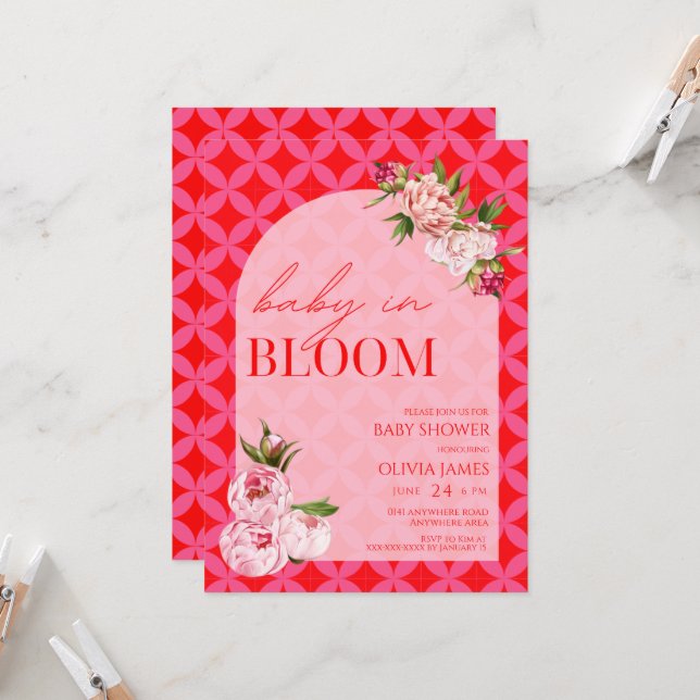Elegant floral pink tile baby in bloom baby shower invitation (Front/Back In Situ)