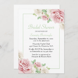 Elegant Floral Pink White Rose Bridal Shower Invitation
