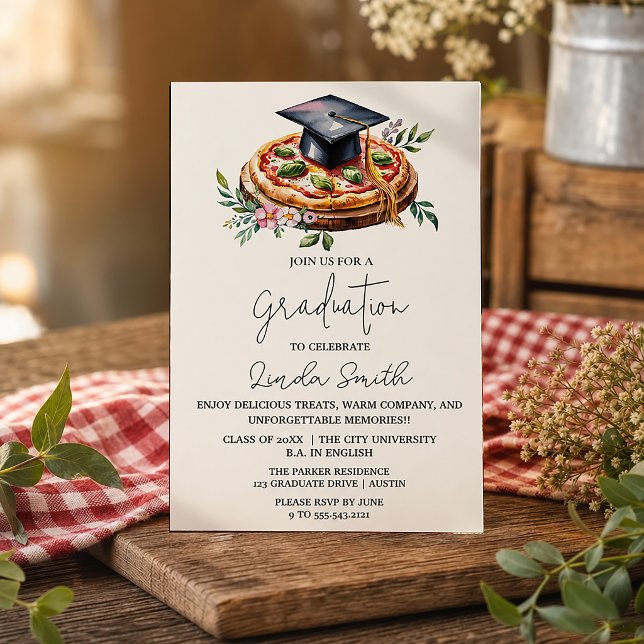 Elegant Floral Pizza Graduation Invitation (Elegant Floral Pizza Graduation Invitation #pizzaparty #zazzlemade #watercolorpizza #graduationparty)