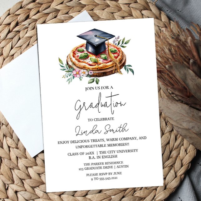 Elegant Floral Pizza Graduation Invitation (Elegant Floral Pizza Graduation Invitation #pizzaparty #zazzlemade #watercolorpizza #graduationparty)