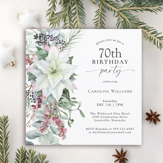 Elegant Floral Poinsettia December 70th Birthday Invitation (Available in both printed and instant download digital formats.)