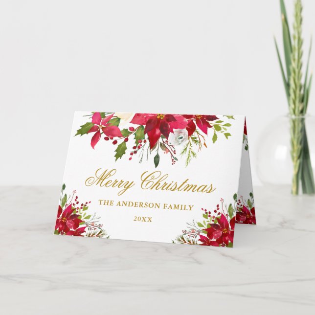 Elegant Floral Poinsettia Gold Christmas Fold Holiday Card (Front)