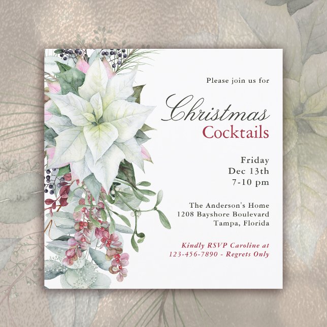 Elegant Floral Poinsettia Holiday Cocktail Party Invitation (Available in both printed and instant download digital format.)