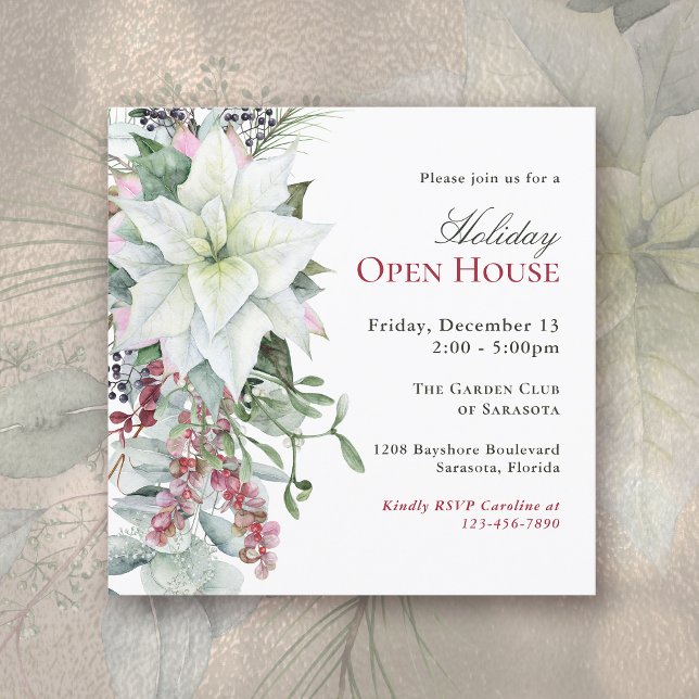 Elegant Floral Poinsettia Holiday Open House Invitation (Available in both printed and instant download digital formats.)
