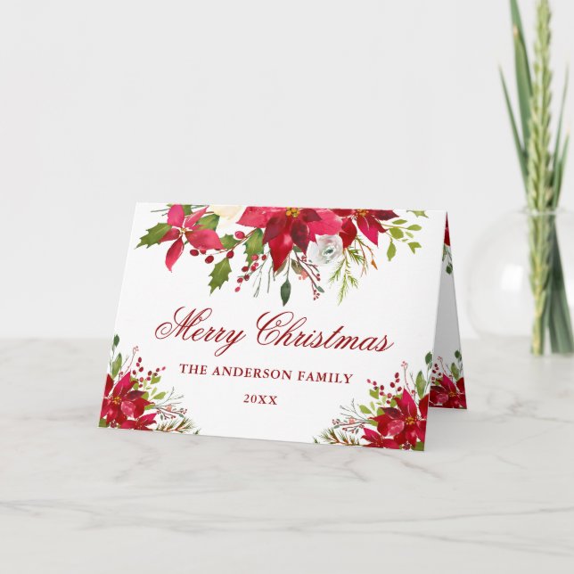 Elegant Floral Poinsettia Red Christmas Fold Holiday Card (Front)