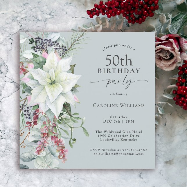 Elegant Floral Poinsettia Winter 50th Birthday Invitation (Available in both printed and instant download digital format.)