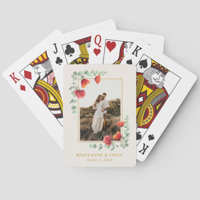 Elegant Floral Poppy Wedding Photo Playing Cards (Back)
