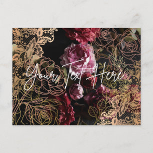 Elegant Floral Postcard Black Leather Roses Gold 