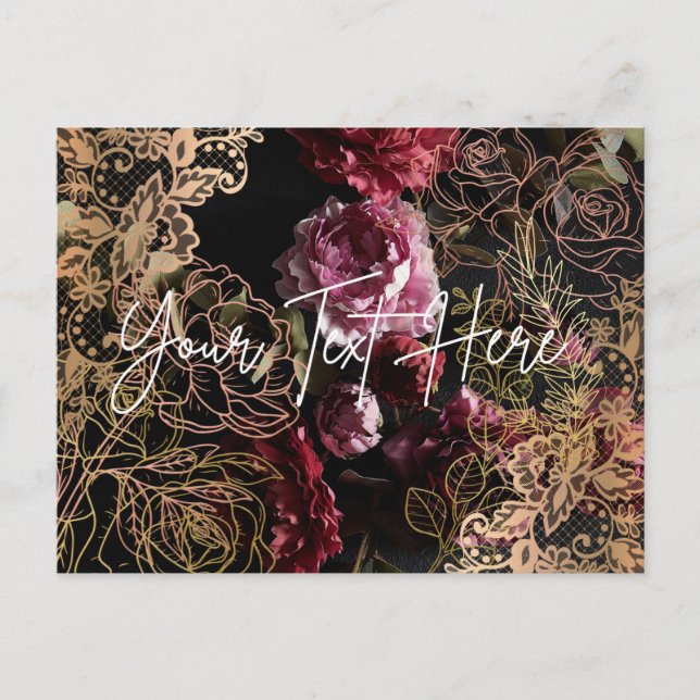 Elegant Floral Postcard Black Leather Roses Gold  (Front)