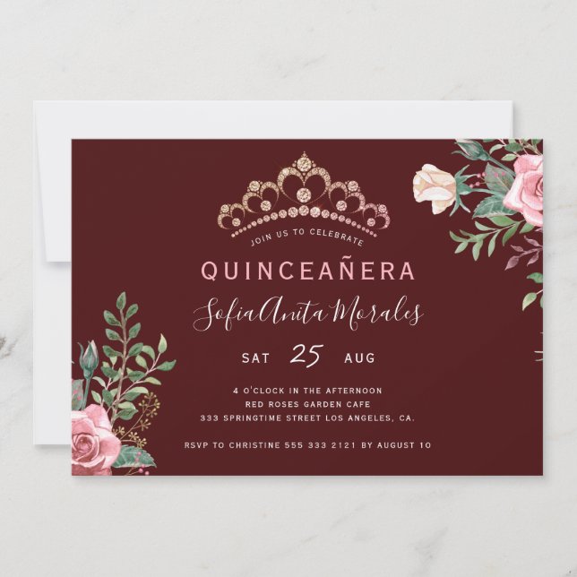 Elegant floral princess tiara burgundy Quinceanera Invitation (Front)