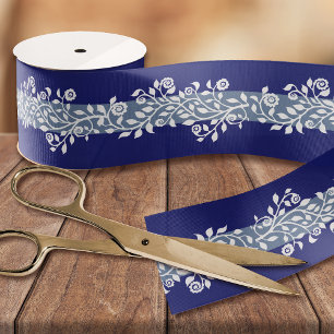 Elegant Floral Print Modern Navy & Dusty Blue Grosgrain Ribbon