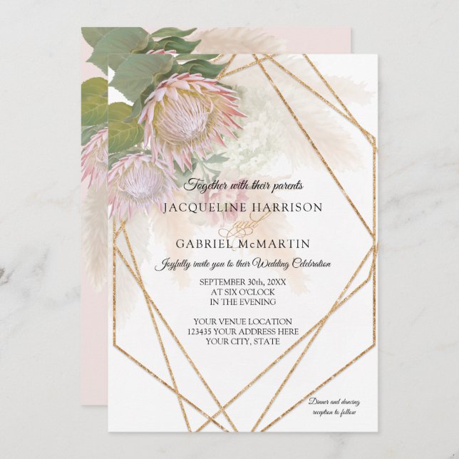 Elegant Floral Protea Pampas Grass Geometric Gold Invitation (Front/Back)