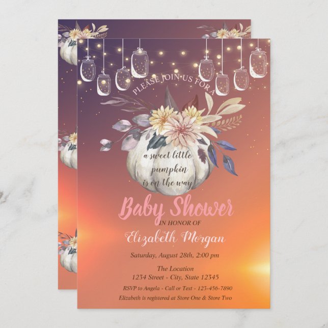 Elegant Floral Pumpkin,Lights, Baby Shower Invitation (Front/Back)
