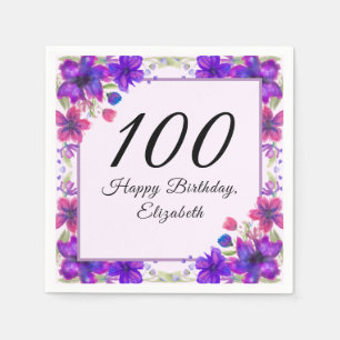 Elegant Floral Purple 100th Birthday  Napkin