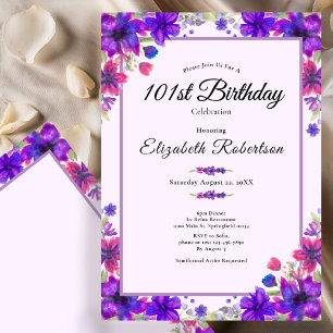 Elegant Floral Purple 101st Birthday Invitation