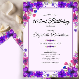Elegant Floral Purple 102nd Birthday Invitation