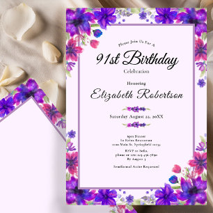 Elegant Floral Purple 91st Birthday Invitation