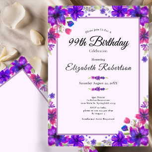 Elegant Floral Purple 99th Birthday Invitation