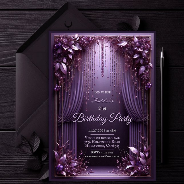 Elegant Floral Purple Birthday Party Invitation (Elegant Floral Amethyst Purple Birthday Party Invitation)