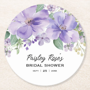 Elegant Floral Purple Bridal Shower Round Paper Coaster