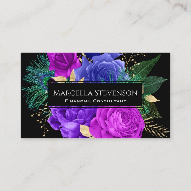 Elegant Floral Purple Fuchsia Roses Glitter Business Card (Front)