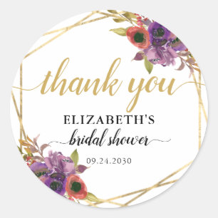 Elegant Floral Purple Gold Bridal Shower Thank You Classic Round Sticker