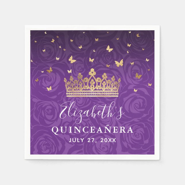 Elegant Floral Purple Gold Crown Birthday Template Napkin (Front)