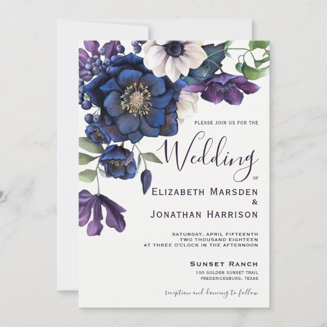 Elegant Floral Purple Navy Watercolor  Invitation (Front)