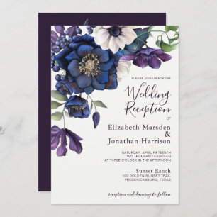 Elegant Floral Purple Navy Wedding Reception Invitation