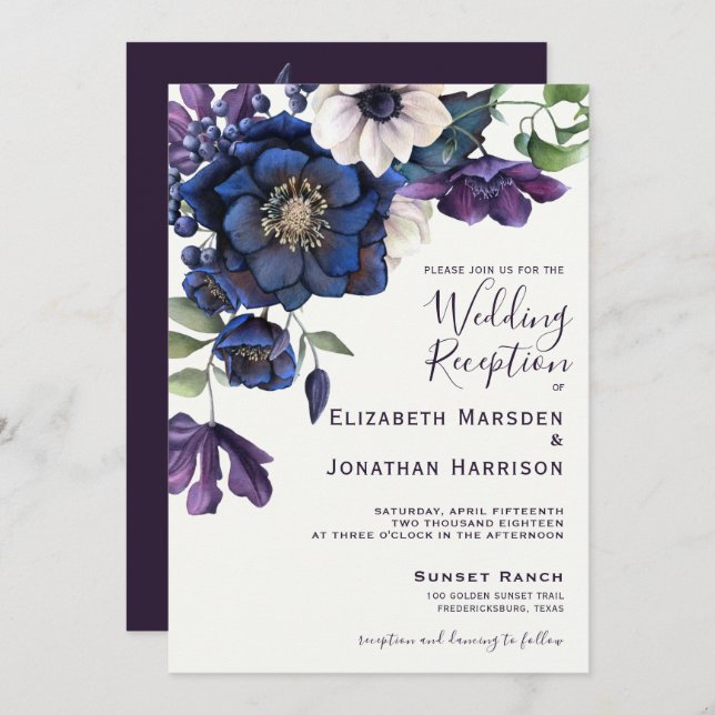 Elegant Floral Purple Navy Wedding Reception Invitation (Front/Back)