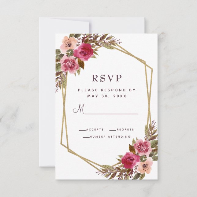 Elegant Floral Purple Pink Chic Gold Frame Wedding RSVP Card (Front)