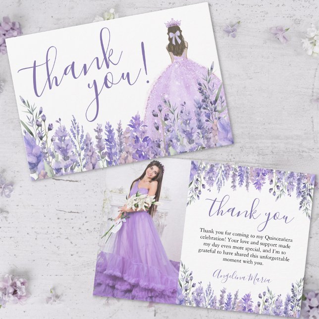 Elegant Floral Purple Quinceañera Photo Thank You Card (Elegant Floral Purple Quinceañera Photo Thank You Card)