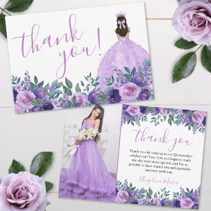 Elegant Floral Purple Quinceañera Photo Thank You Card