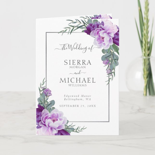 Elegant Floral Purple & Silver Folded Wedding Program (Front)