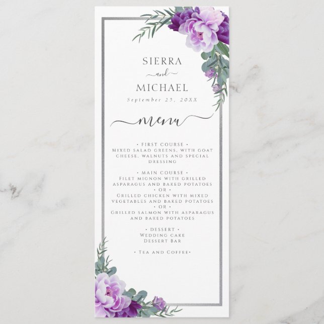 Elegant Floral Purple & Silver Wedding Reception Menu (Front)