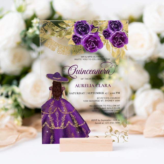 Elegant Floral Purple Violet Charra Quinceañera Acrylic Invitations (Creator Uploaded)