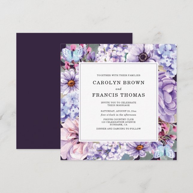 Elegant Floral Purple Watercolor Wedding Invitation (Front/Back)