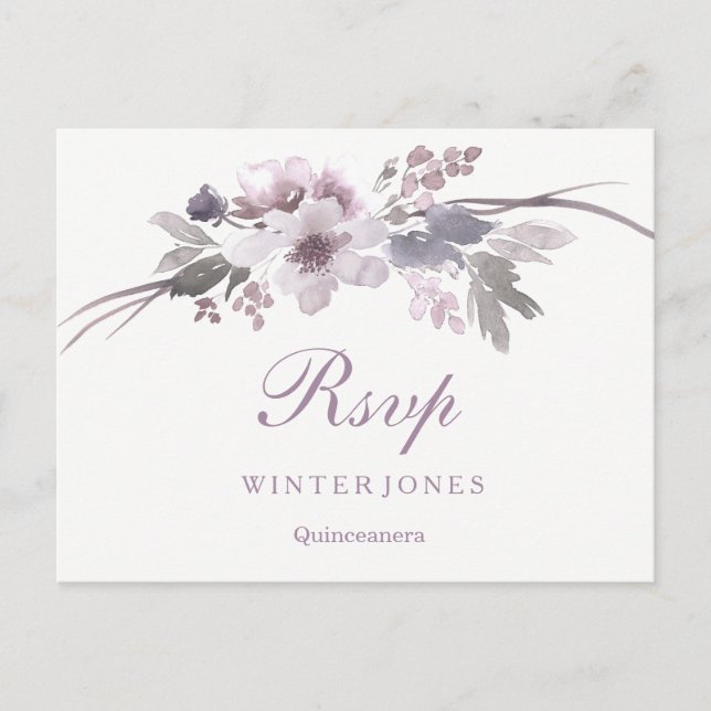 Elegant Floral Purple Winter Quinceanera RSVP Invitation Postcard (Front)