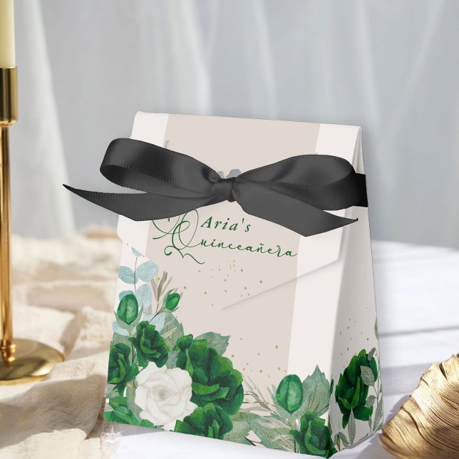 Elegant Floral Quinceanera Emerald Green Roses Favour Box (Floral Favor Boxes from the Royal Rose Emerald Green Quinceanera Collection by Darling & May)