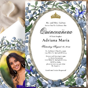 Elegant Floral Quinceanera Invitation Blue Flowers