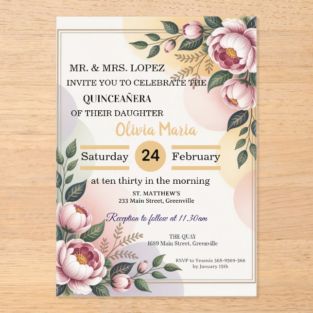 Elegant Floral Quinceañera Invitation – Editable  (Front)