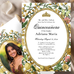 Elegant Floral Quinceanera Invitation Yellow Gold