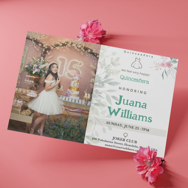 Elegant Floral Quinceañera Invitations with Photo (Elegant Floral Quinceañera Invitations with Photos)