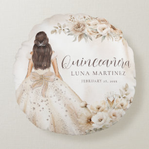 Elegant Floral Quinceañera Watercolor Ballgown Round Cushion