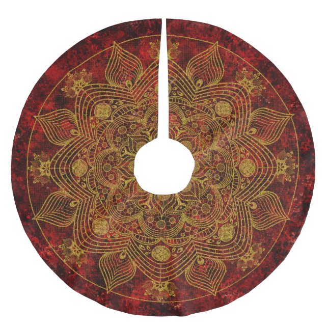Elegant Floral Red, Black & Gold Mandala Brushed Polyester Tree Skirt (Front)