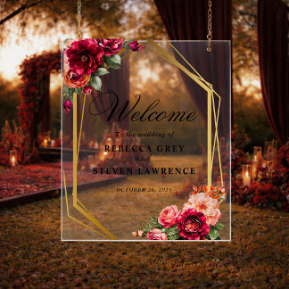 Elegant floral red black moody Romantic wedding Acrylic Sign