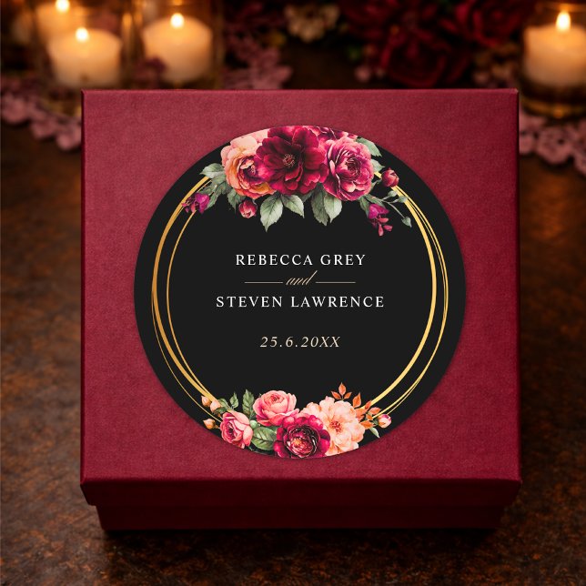 Elegant floral red black moody Romantic wedding Classic Round Sticker (Creator Uploaded)